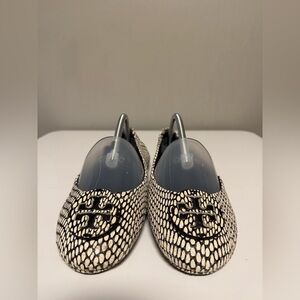 Tory Burch Reva Sanke Skin Black Tan Print Leather Ballet Flats Women’s US 10 M